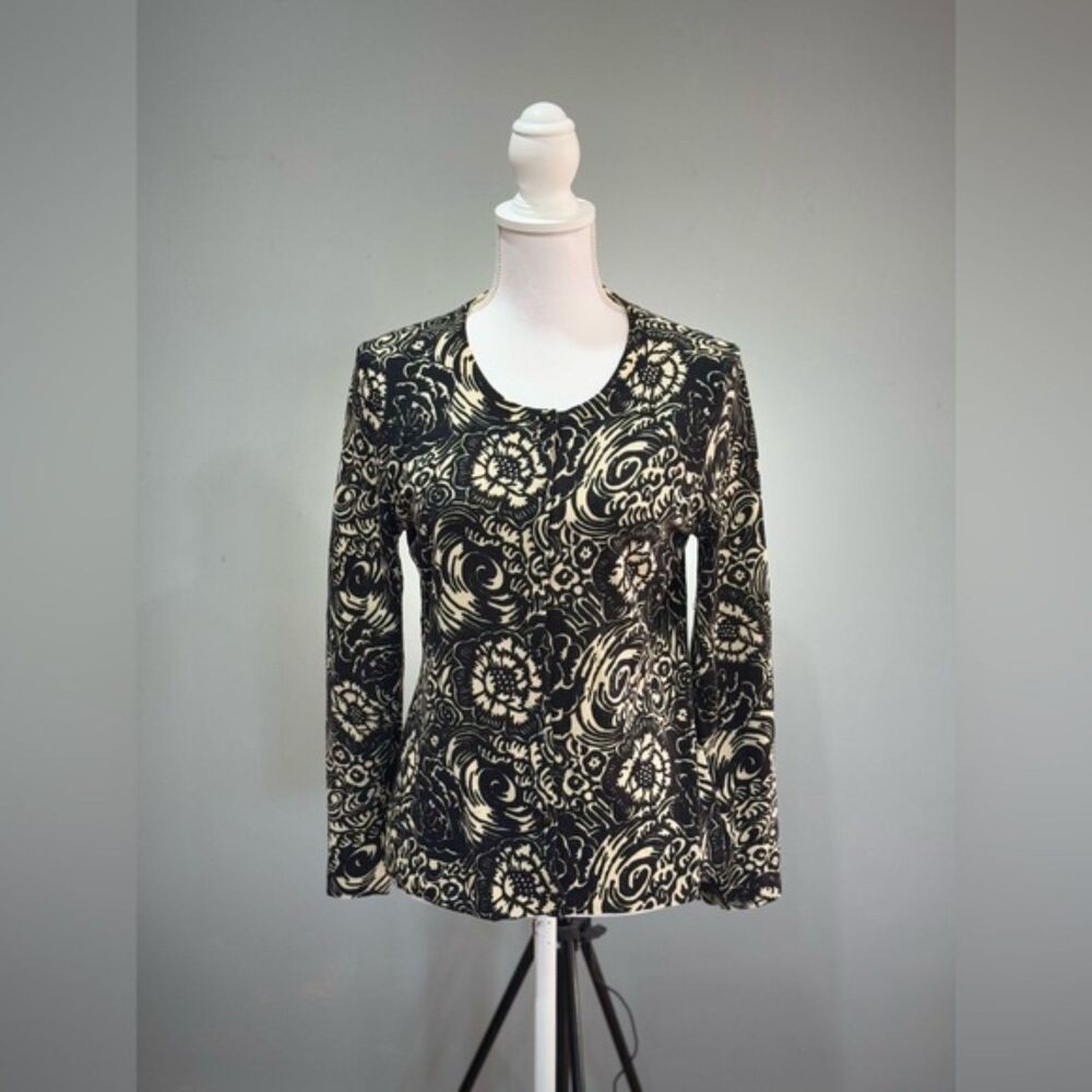 SALE! Black & Cream Talbots Swirl Floral Wool Cardigan Size L EUC